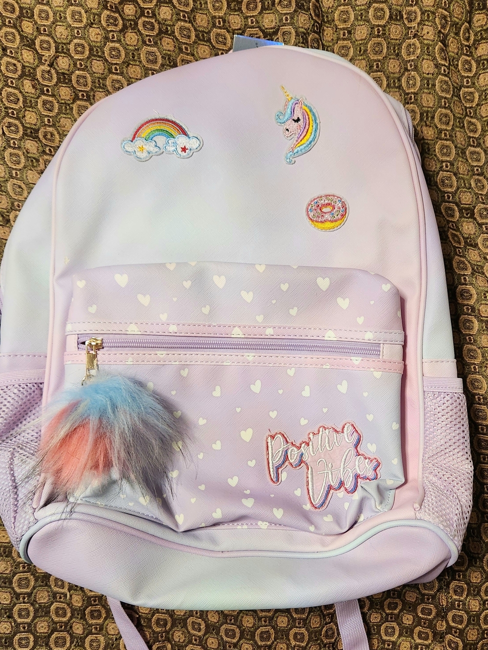 Under One Sky Pastel Pink Unicorn & Rainbow Kids Backpack with Pom Pom